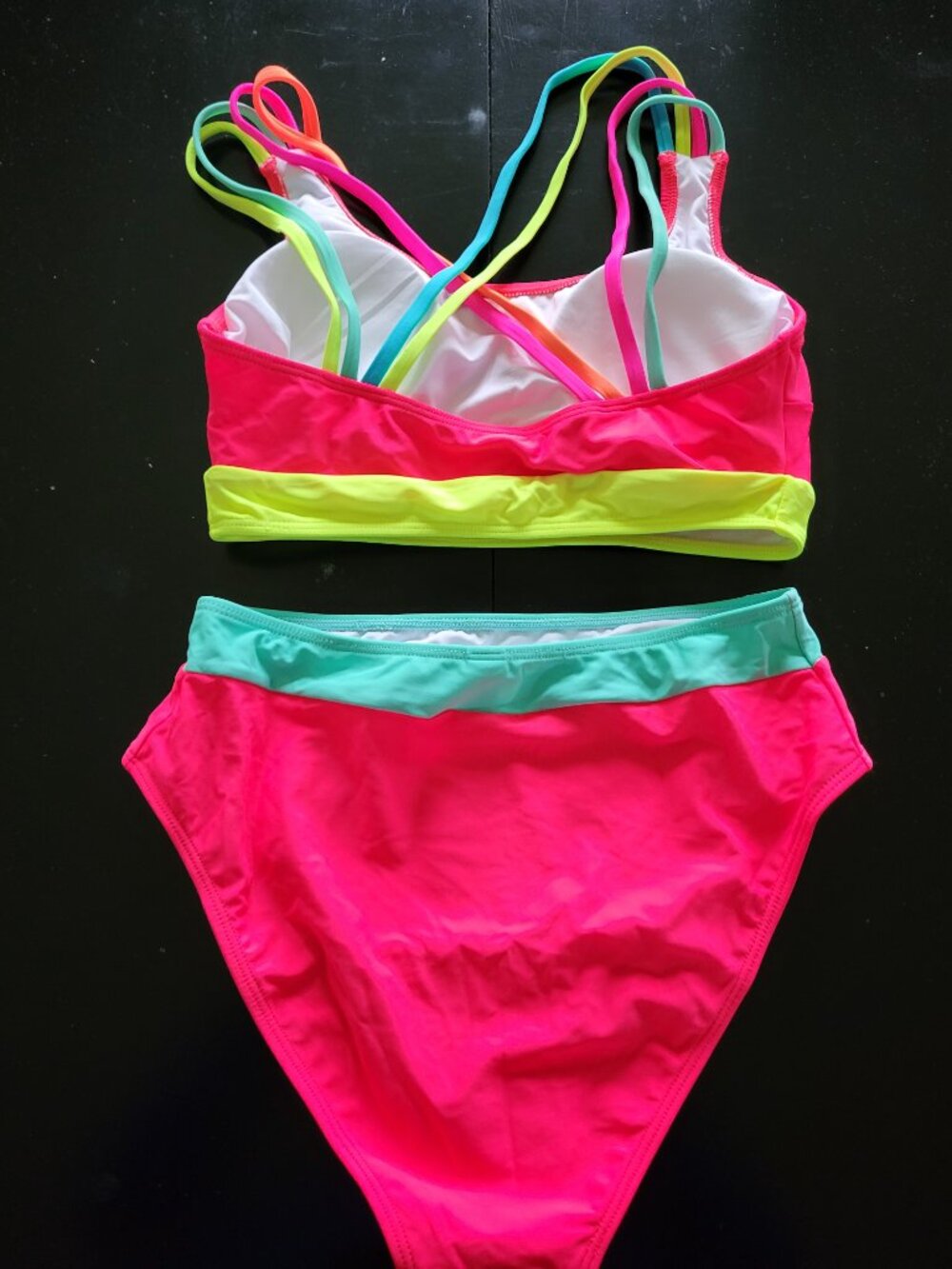 Neon Pink & Lime Women's Bikini Set - Strappy Top and High Waist Bottom - Picture 2 of 4